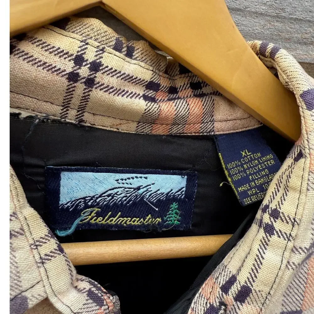 Sears Fieldmaster Vintage 1990s brown plaid quilt lined button up jacket Size XL